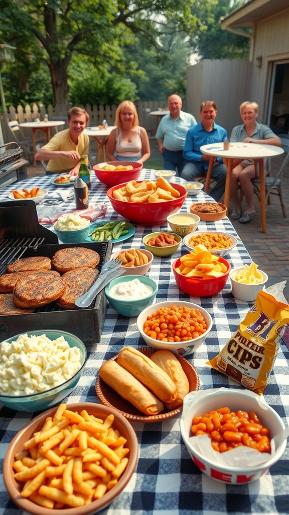 A vibrant 1950s barbecue setup with grilled burgers, hot dogs, coleslaw, baked beans, and happy guests.